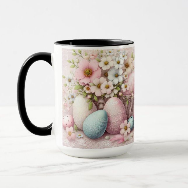 Monogram lace pink floral Easter eggs in a basket  Mug (Left)