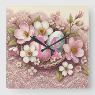 Monogram lace pink floral Easter eggs in a basket Square Wall Clock