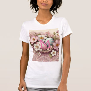 Monogram lace pink floral Easter eggs in a basket T-Shirt