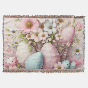 Monogram lace pink floral Easter eggs in a basket  Throw Blanket