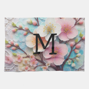 Monogram lace pink floral pastel cherry blossom kitchen towel