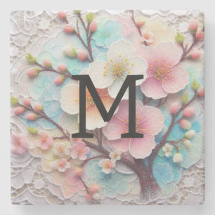 Monogram lace pink floral pastel cherry blossom  stone coaster