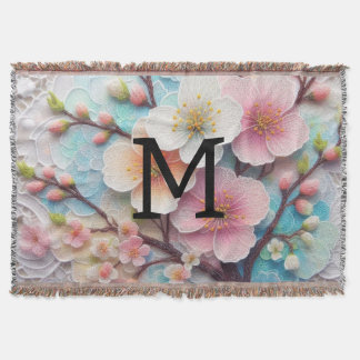 Monogram lace pink floral pastel cherry blossom throw blanket