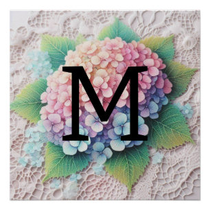 Monogram lace pink purpe hydrangea flowers poster