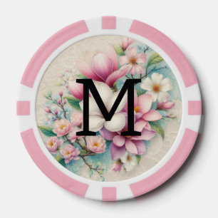 Monogram lace pink purple magnolias flowers  poker chips