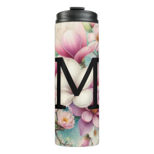 Monogram lace pink purple magnolias flowers  thermal tumbler