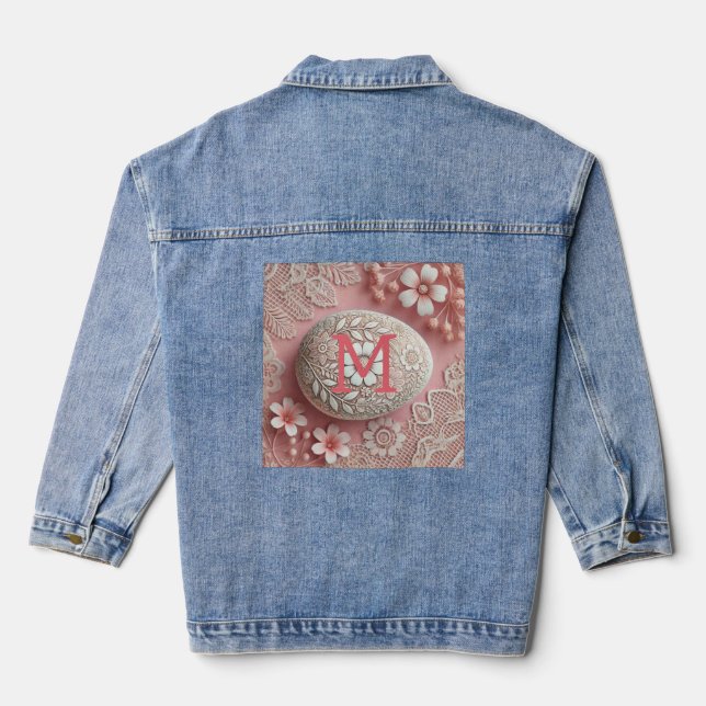Monogram lace pink white floral Easter egg  Denim Jacket (Back)