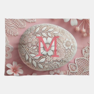 Monogram lace pink white floral Easter egg Kitchen Towel