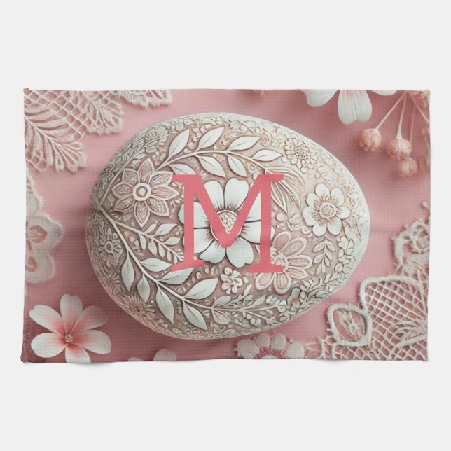Monogram lace pink white floral Easter egg  Kitchen Towel (Horizontal)
