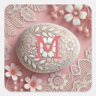 Monogram lace pink white floral Easter egg Square Sticker