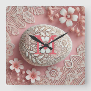 Monogram lace pink white floral Easter egg Square Wall Clock