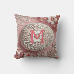 Monogram lace pink white floral Easter egg Throw Pillow