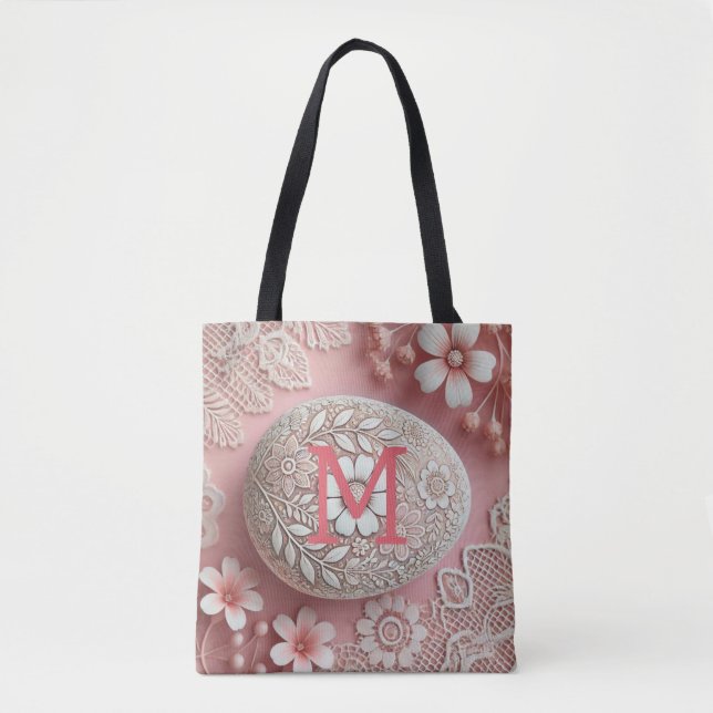 Monogram lace pink white floral Easter egg  Tote Bag (Front)