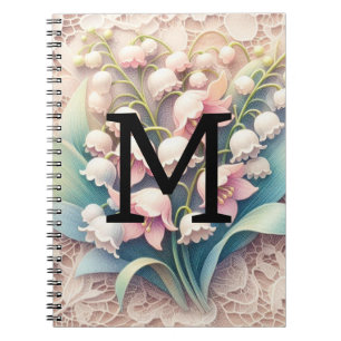 Monogram lace white lilies of the valley flowers notebook
