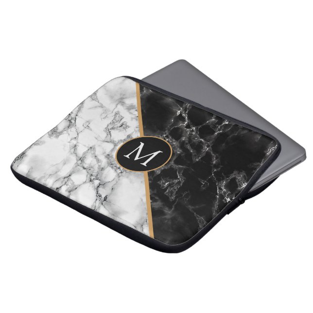 Monogram  Laptop Sleeve Black White Marble Stone (Front Top)