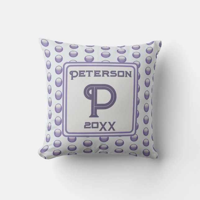 Monogram Last Name Blue Grey Polka Dot Initial Throw Pillow (Front)