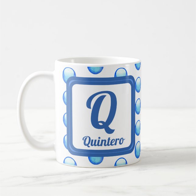Monogram Last Name Bright Blue Polka Dot Initial Coffee Mug (Left)