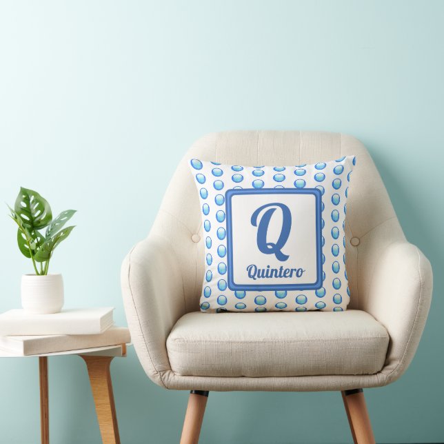 Monogram Last Name Bright Blue Polka Dot Initial Throw Pillow (Chair)
