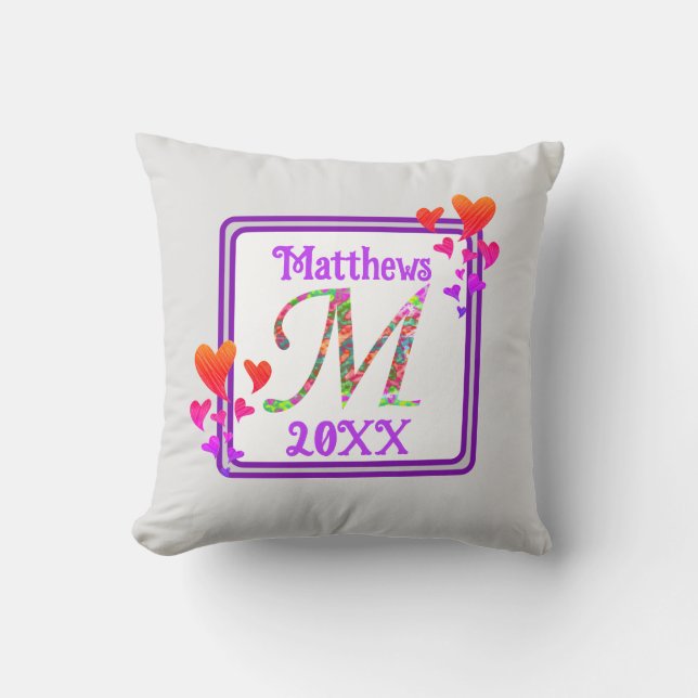 Monogram Last Name Colourful Hearts Initial Throw Pillow (Front)