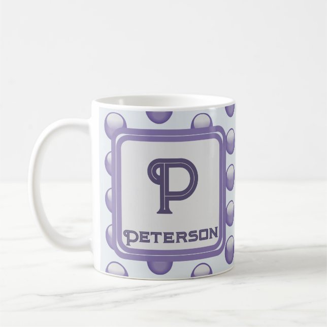 Monogram Last Name Initial Blue Grey Polka Dot Coffee Mug (Left)