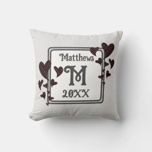 Monogram Last Name Initial Red Hearts Keepsake Throw Pillow