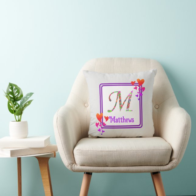 Monogram Last Name Purple Colourful Hearts Initial Throw Pillow (Chair)