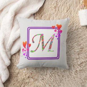 Monogram Last Name Purple Colourful Hearts Initial Throw Pillow
