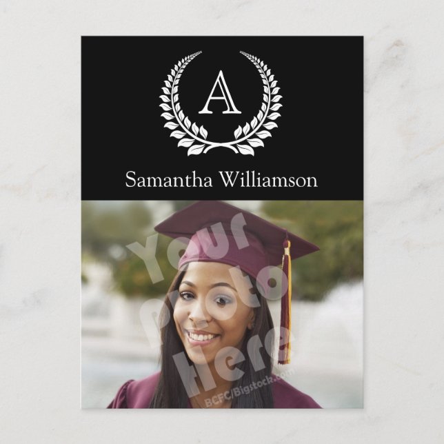 Monogram Laurel Black/White Announcement Postcard (Front)