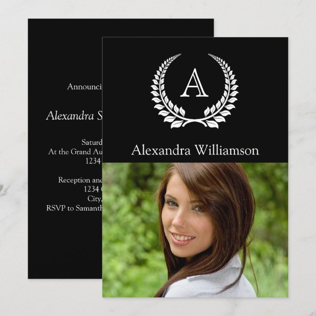 Monogram Laurel Black/White Invitation (Front/Back)