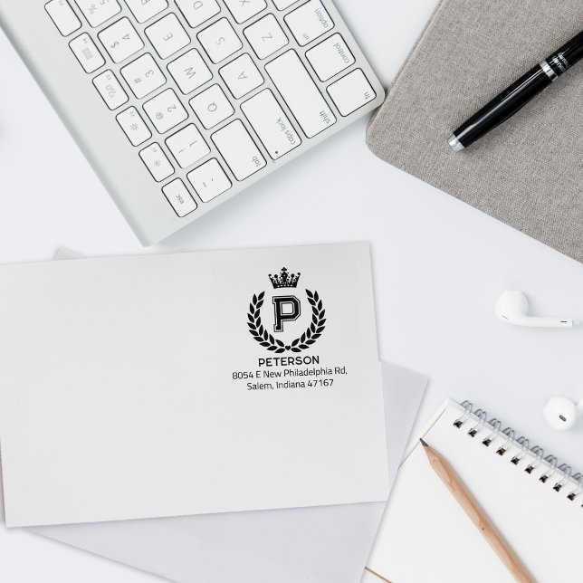 Monogram Laurel Crown, Custom Return Address Rubber Stamp (Creator Uploaded)