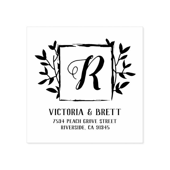 Monogram Laurel Frame Wedding Return Address Rubber Stamp (Imprint)