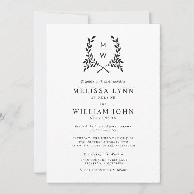 Monogram Laurel with any colour background wedding Invitation (Front)