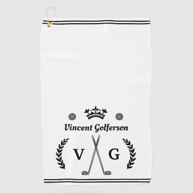 Monogram Laurel Wreath Clubs Crown Custom Name Golf Towel (Front)