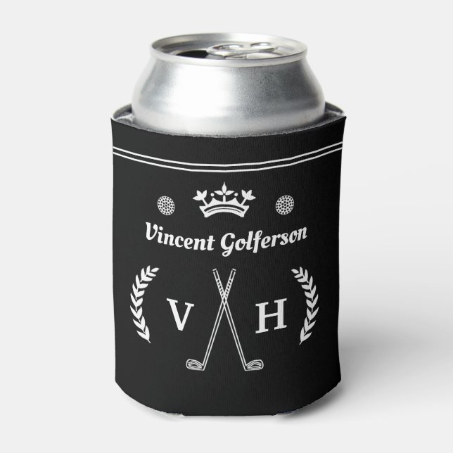 Monogram Laurel Wreath Golf Clubs Crown Name Black Can Cooler (Can Front)