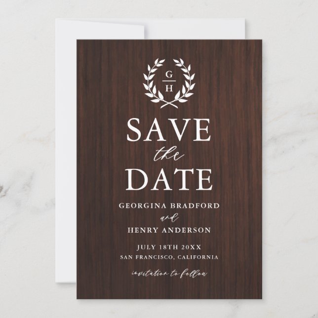 Monogram Laurel Wreath Rustic Wood Save the Date (Front)