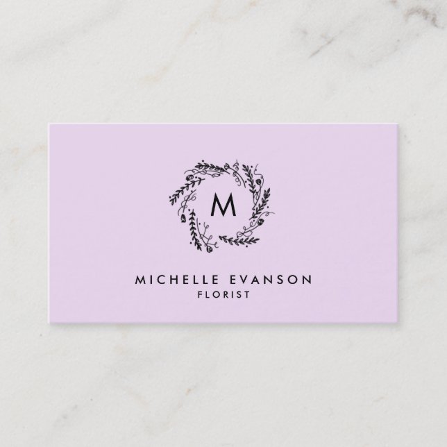 Monogram Lavender and Black Floral Wreath Business Card (Front)