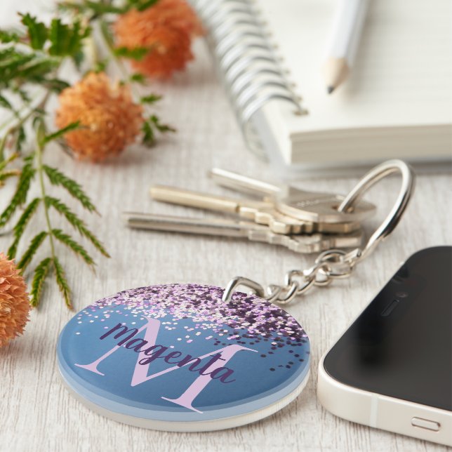 Monogram Lavender Confetti on Blue          Keychain (Front Right)