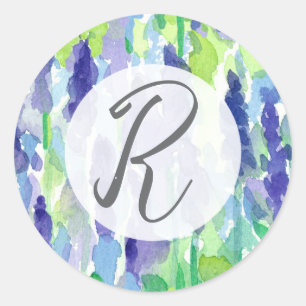 Monogram Lavender Flowers Letter Writing Classic Round Sticker