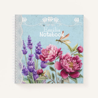 Monogram Lavender Peonies garden Blue Lace Notebook