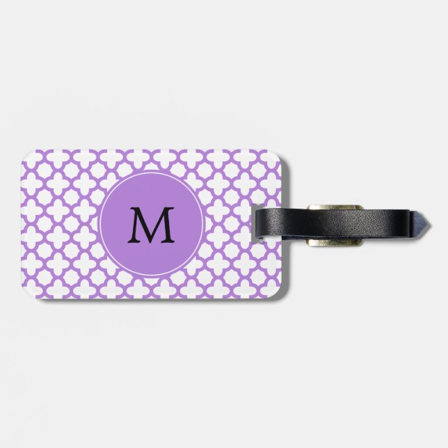 Monogram Lavender Quatrefoil Pattern Luggage Tag (Back Horizontal)