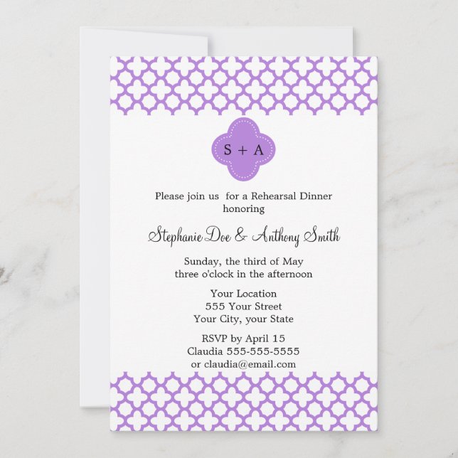 Monogram Lavender Quatrefoil Pattern Rehearsal Invitation (Front)