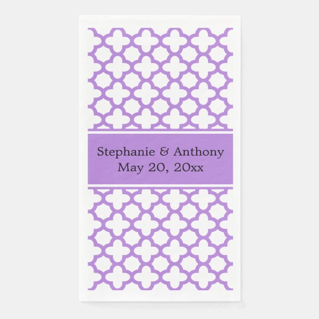 Monogram Lavender Quatrefoil Pattern Wedding Napkin (Front)