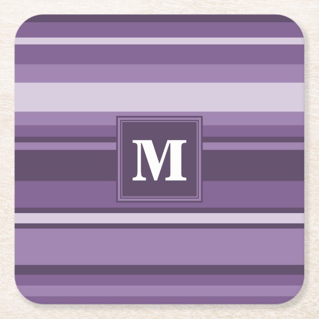 Monogram Lavender stripes Square Paper Coaster (Front)