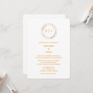 Monogram Leaf Crest Orange White Classy Wedding Invitation