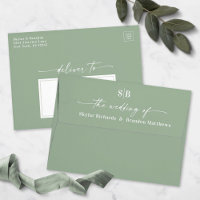 Monogram Leaf Green A7 5x7 Wedding Invitation