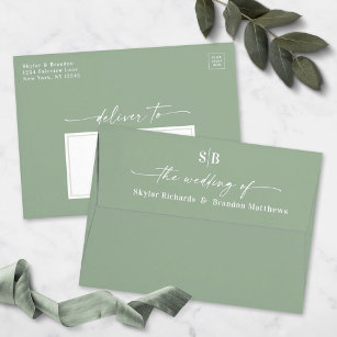 Monogram Leaf Green A7 5x7 Wedding Invitation Envelope