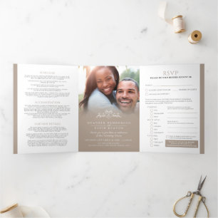 Monogram leaf heart brown tan white wedding Tri-Fold invitation