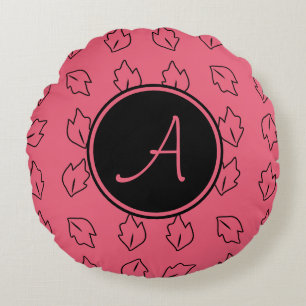 Monogram Leaf Pattern Pink Round Pillow