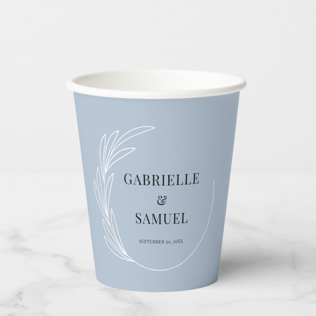Monogram Leaf Wreath Dusty Blue Wedding Napkins Paper Cups (Front)