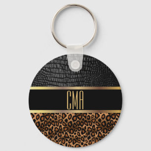 Monogram Leather and Leopard Pattern Keychain
